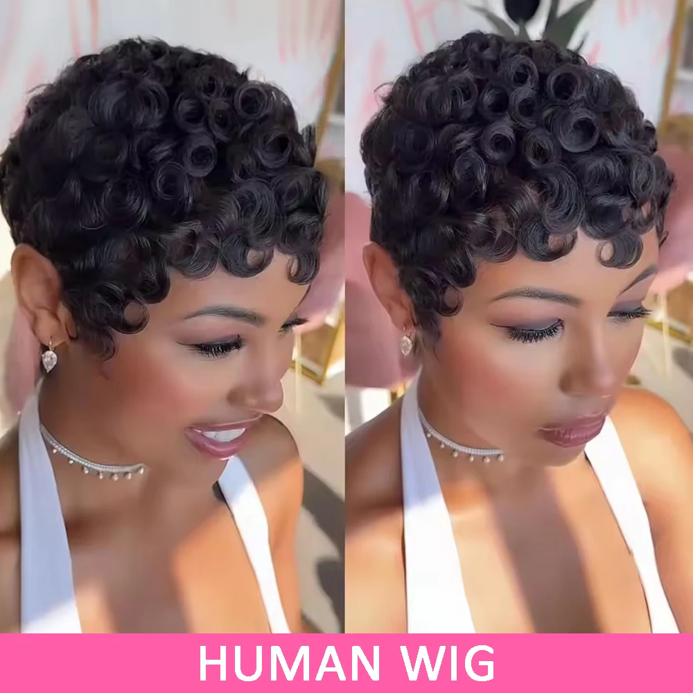 

# Черные короткие кудрявые парики-пикси 1B для женщин, кудрявые парики из бразильских волос Реми, короткие парики-боб, полностью машинной работы, плотность 180%