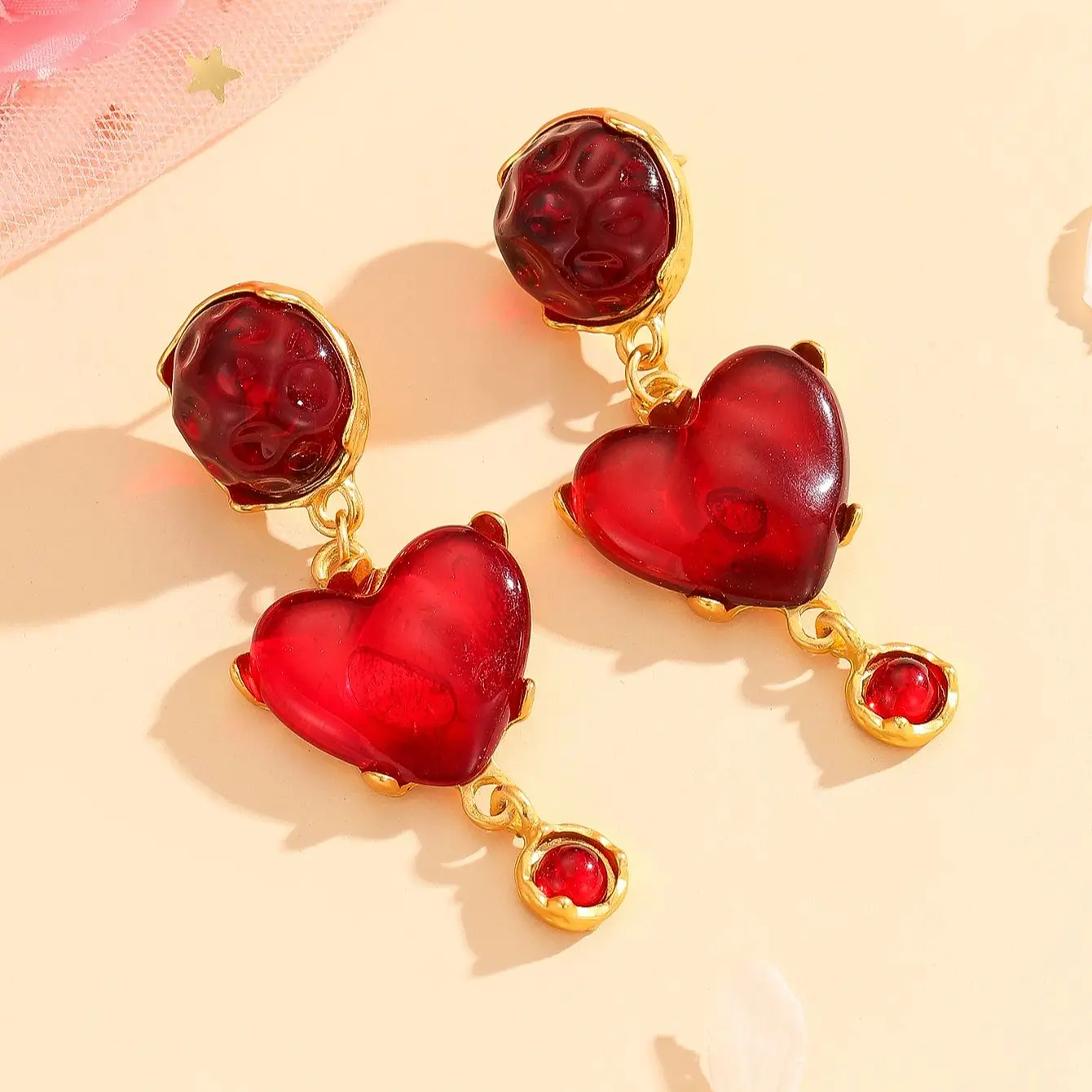 1pair Romantic Cute Red Heart Dangle Earrings,For Women Trendy Elegant Valentine\'S Day Gift，Daily Decoration，Dating Gift,Party