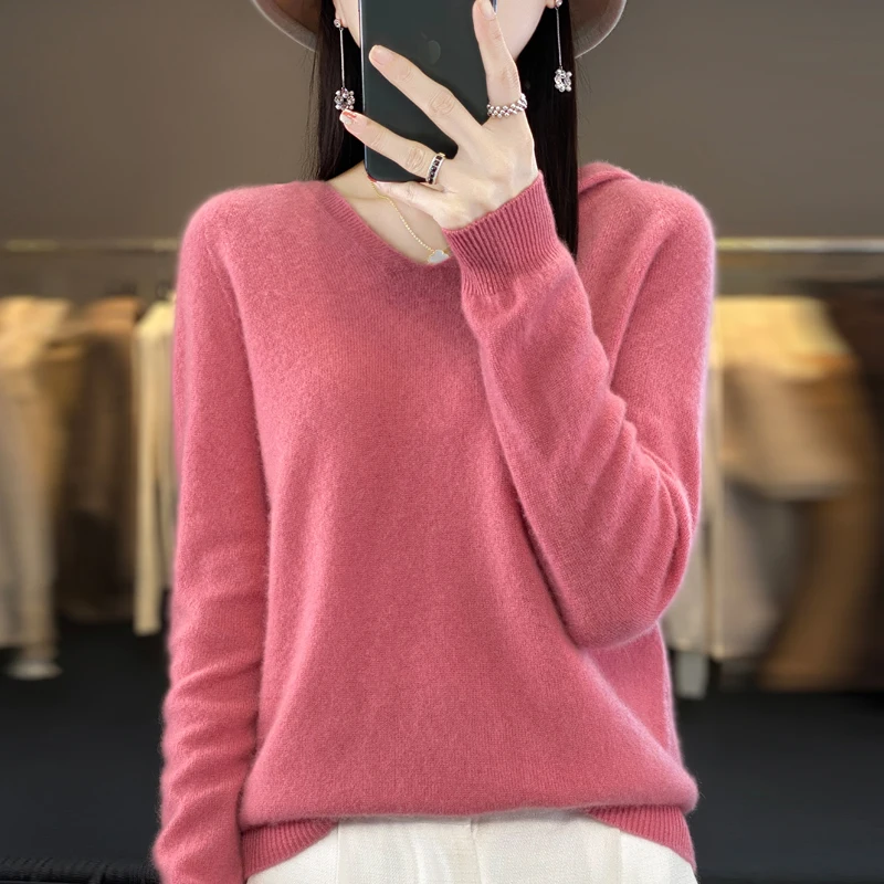 100% Merino Wool Hooded Sweaters Women Knitted Pullover Top Winter Warm Soft V-Collar Polychrome Sweater Women's Jumper