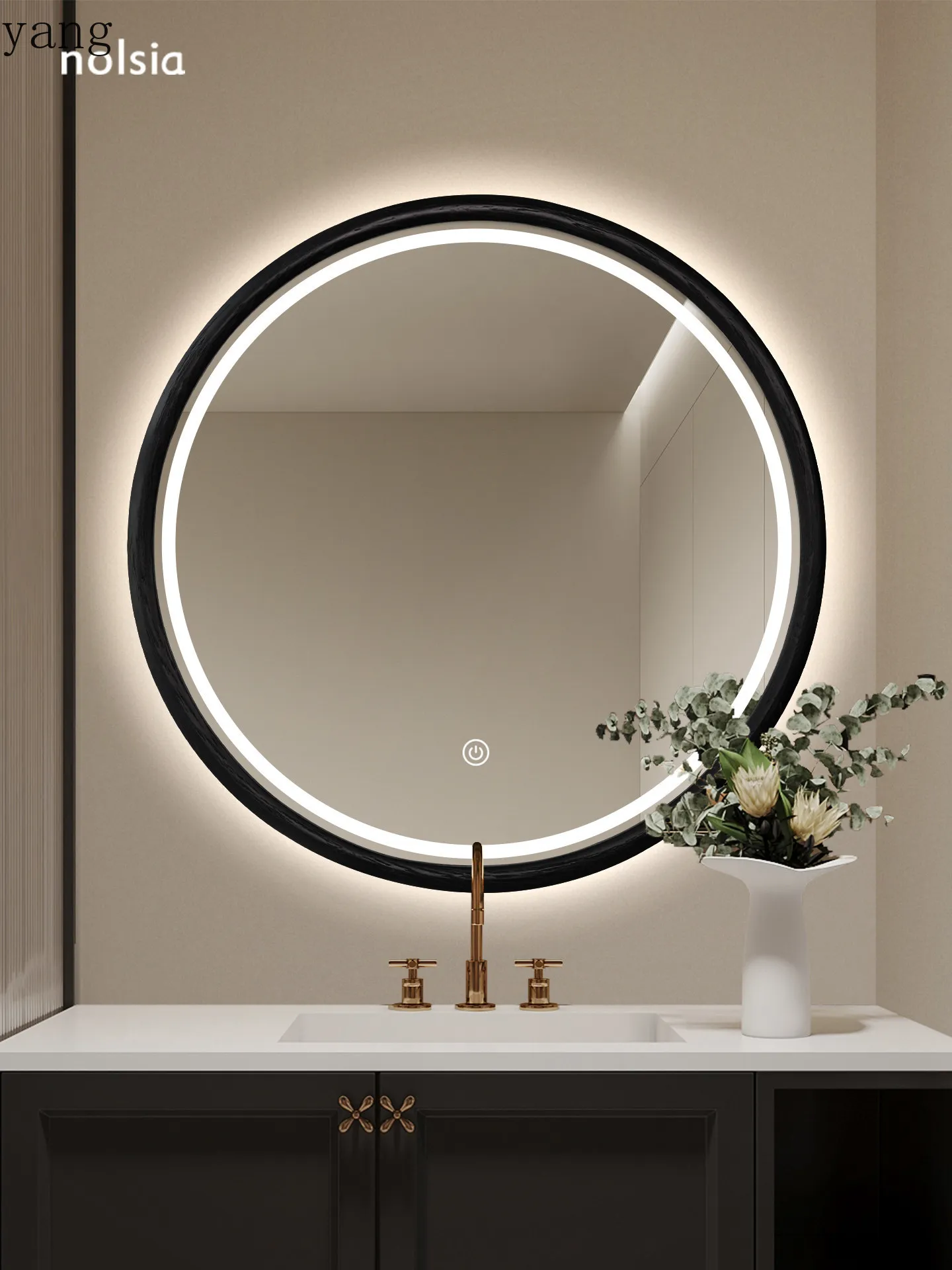 LMM solid wood round bathroom mirror wall-mounted washbasin smart mirror touch screen