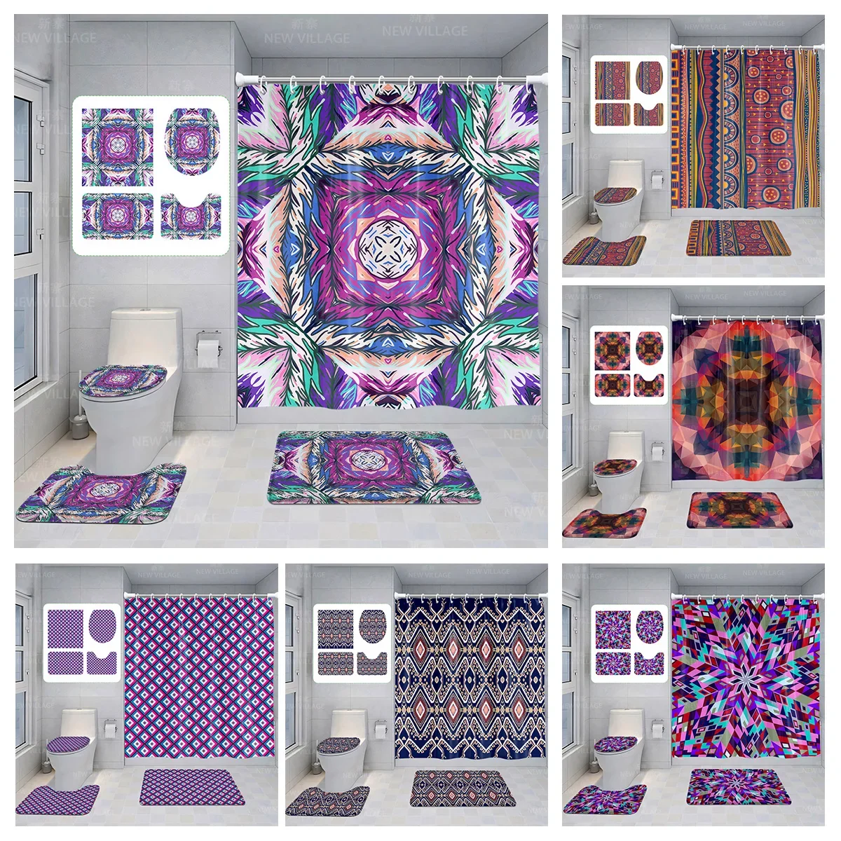 Home shower curtains bathroom Decora waterproof fabric non-slip bathmat water absorption curtain Modern geometric nordic simple