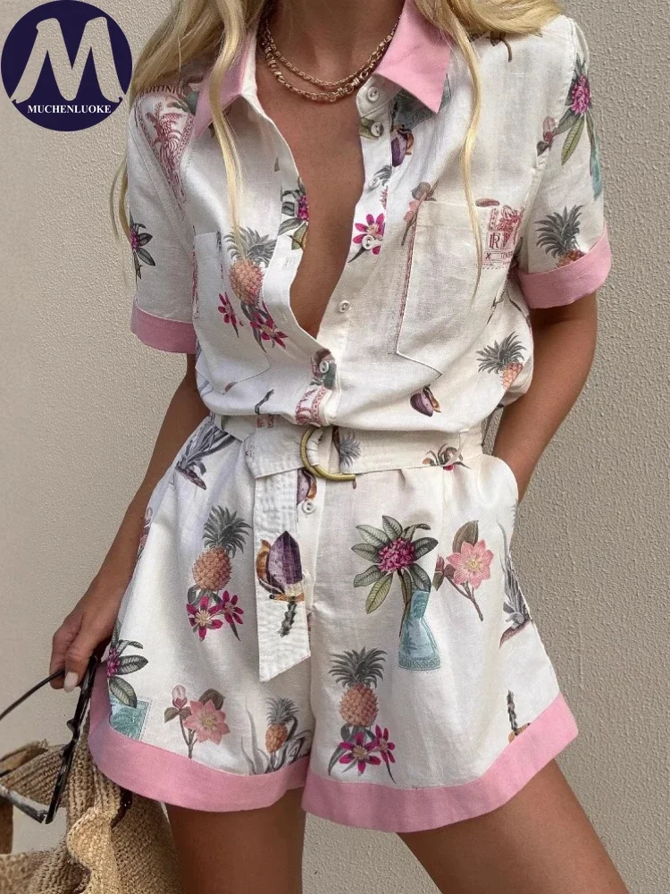 

Женский летний комбинезон с принтом, рубашкой с коротким рукавом и отложным воротником, повседневный свободный крой, с поясом, модный комплект с шортами