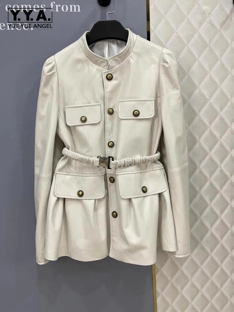 Stand Collar Genuine Leather Cargo Jacket Women British Style Autumn Single Breasted High Waist Sashes Streetwear Sheepskin Coat