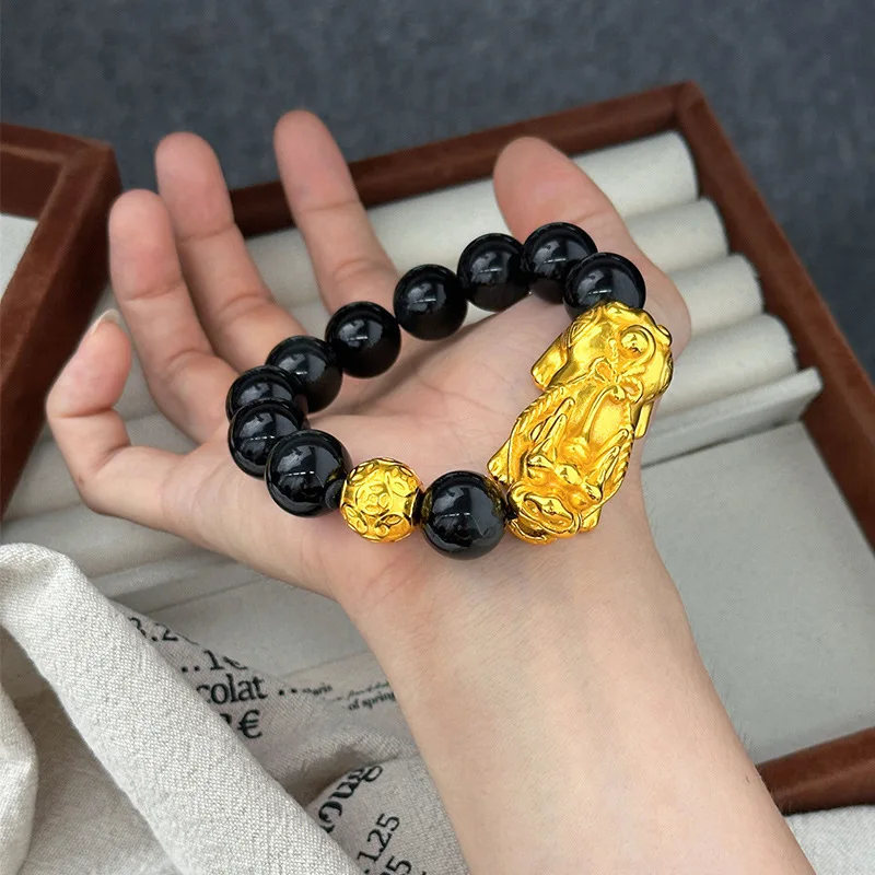 الرجال الفاخرة 9999 24K الذهب الحقيقي اضافية كبيرة الجوف النحاس عملة Pixiu تقليد 3D المال الخرز