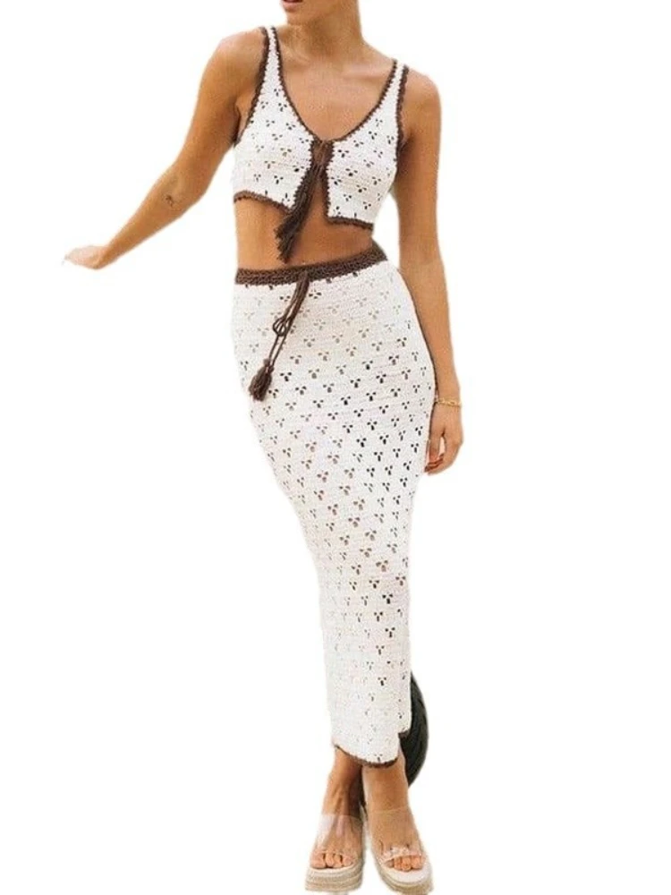 2025 New in Spring Summer Collection Fashion Beach Sleeveless V-neck Halter Top Long Dress Knitted Sexy Cut-out Tie Dress Sets