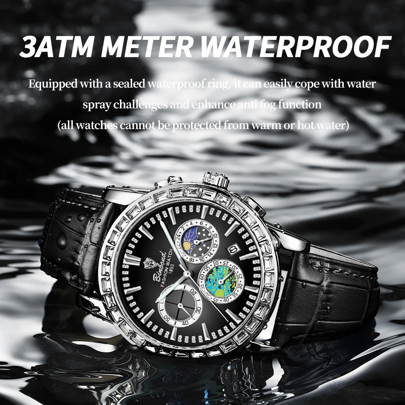 BINBOND ساعة عالية الجودة للرجال الرياضة كوارتز رجل ساعة اليد مقاوم للماء مضيئة كرونوغراف جلدية ساعات رجالية Reloj