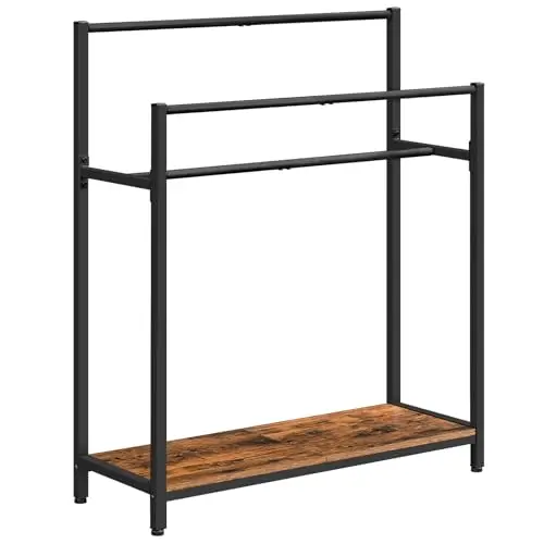 

Large Freestanding 3-Tier Towel And Blanket Organizer With Wood Shelf, Black Metal Frame For Bathroom Living Room