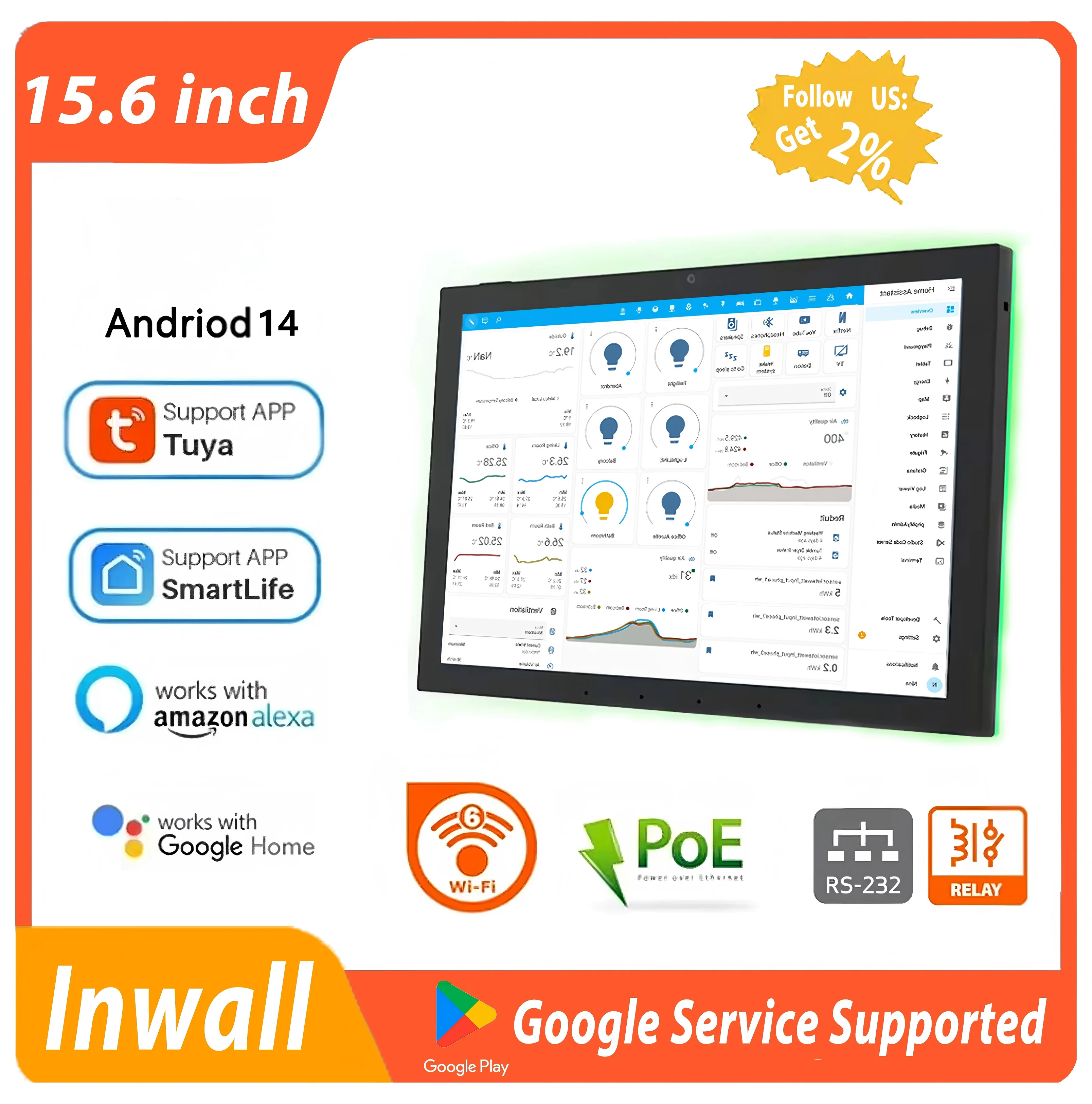 

Inwall 15.6 Inch Smart Home Control Panel Android 14 POE Tablet 4G+64G,LED lights,Zigbee protocal, Relay, RS232, RS485