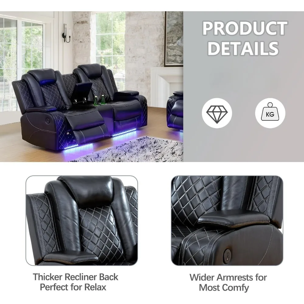 Conjunto de sofá reclinável de couro multifuncional Power Air, sofá reclinável com luzes LED, loveseat, cadeira com porta USB/armazenamento