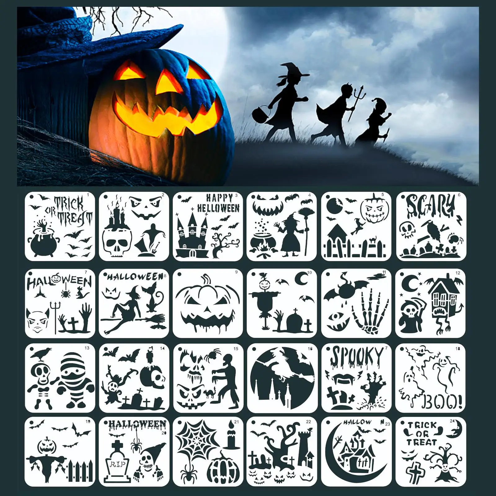 

24Pcs/Set 15cm Halloween Bat Pumpkin DIY Layering Stencils Painting Scrapbook Coloring Embossing Album Decorative Template