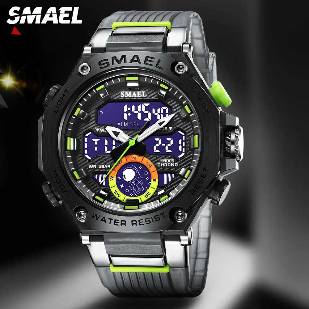 SMAEL-Relógio Masculino Eletrônico, Dual Time Display, Relógio de Pulso Digital com Data Automática, Quartzo Cronógrafo, Relógios LED, Moda, 8069