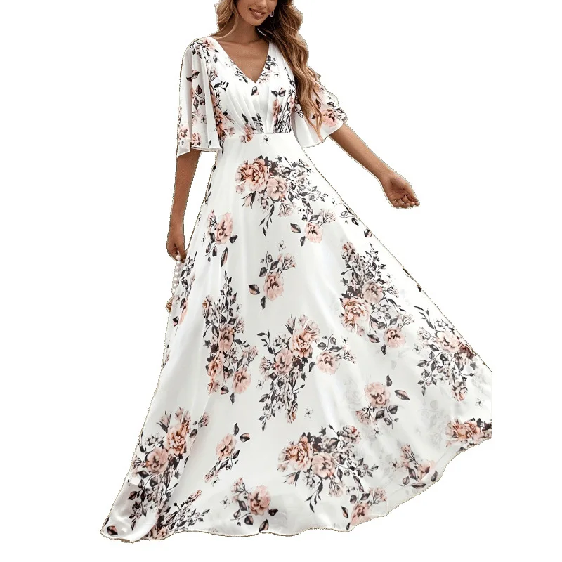 

Women's Floral Accented Patchwork Evening Dress - V-Neck Ruched A-Line Maxi Gown for Cocktail Parties