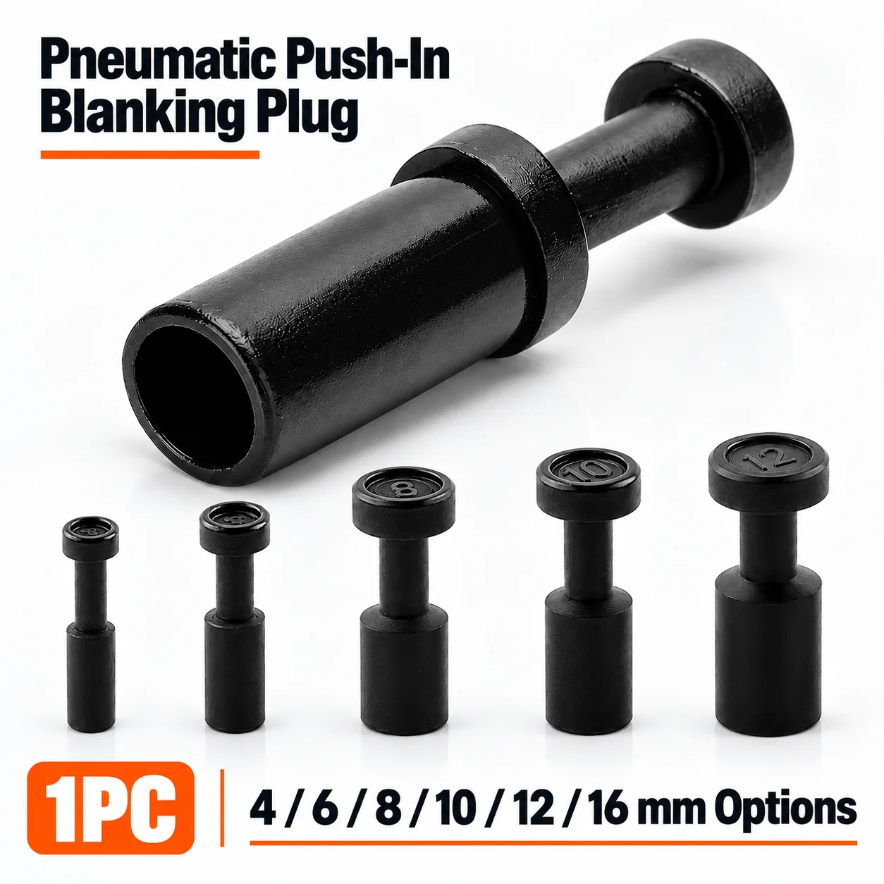 1Pc Pneumatic Push-In Blanking Plug for Air Tube, PP-Series Models PP-4 PP-6 PP-8 PP-10 PP-12 PP-16, Black Nylon, Select Size