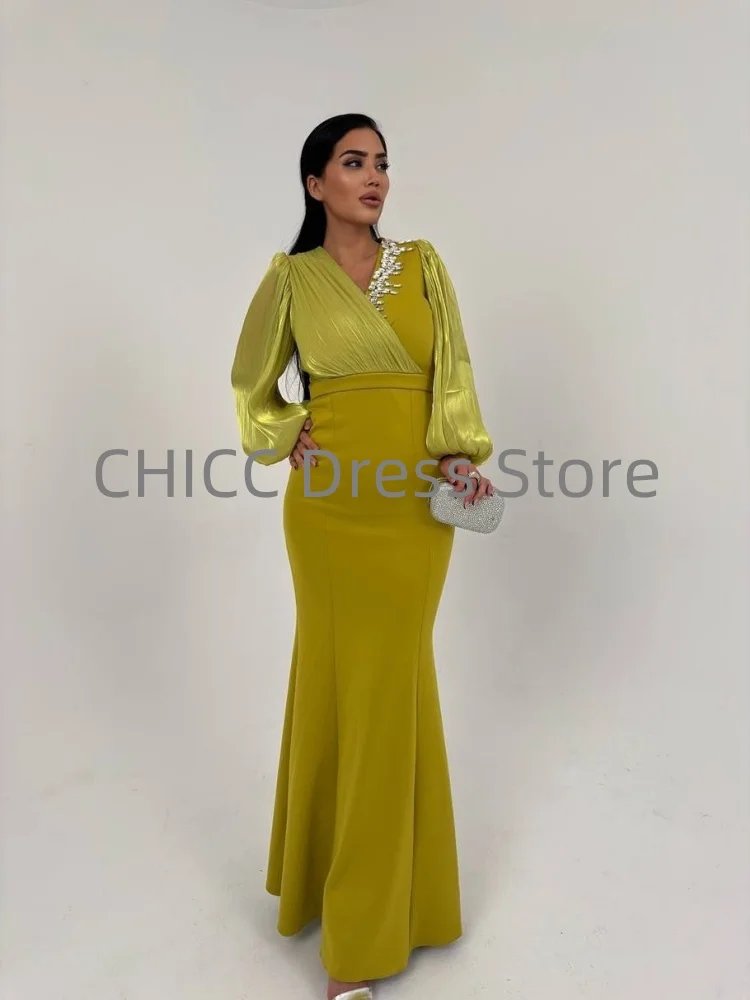 우아한 이브닝 드레스 브이넥 긴 소매 머메이드 비딩 갈라 프로미 파티 드레스 커비 맞춤형 이브닝 드레스
