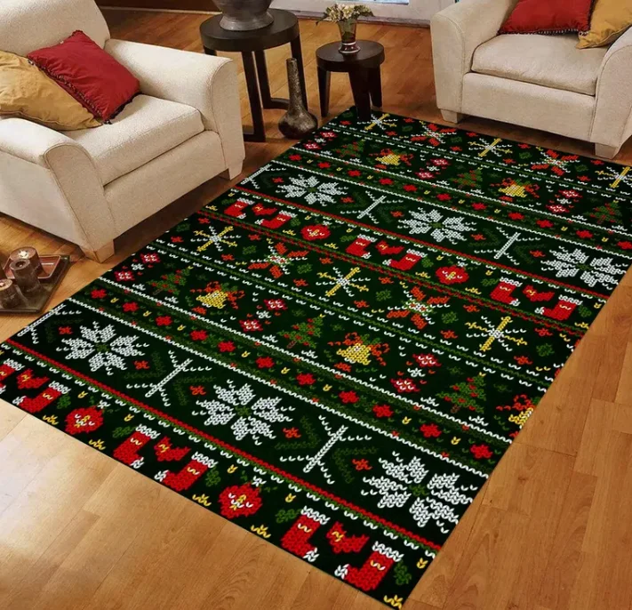 Ugly Christmas Sweater Rug Festive Knit Pattern Area Carpet, Machine-Washable Non-Slip Carpet