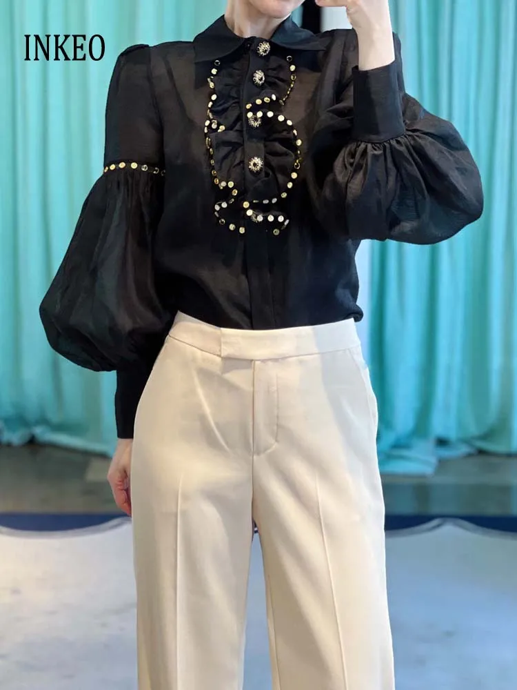 

Vintage Long lantern sleeve blouse See-through Women 2025 Spring Summer Sequined ruffles shirt Loose Tops Fashion INKEO 5T053