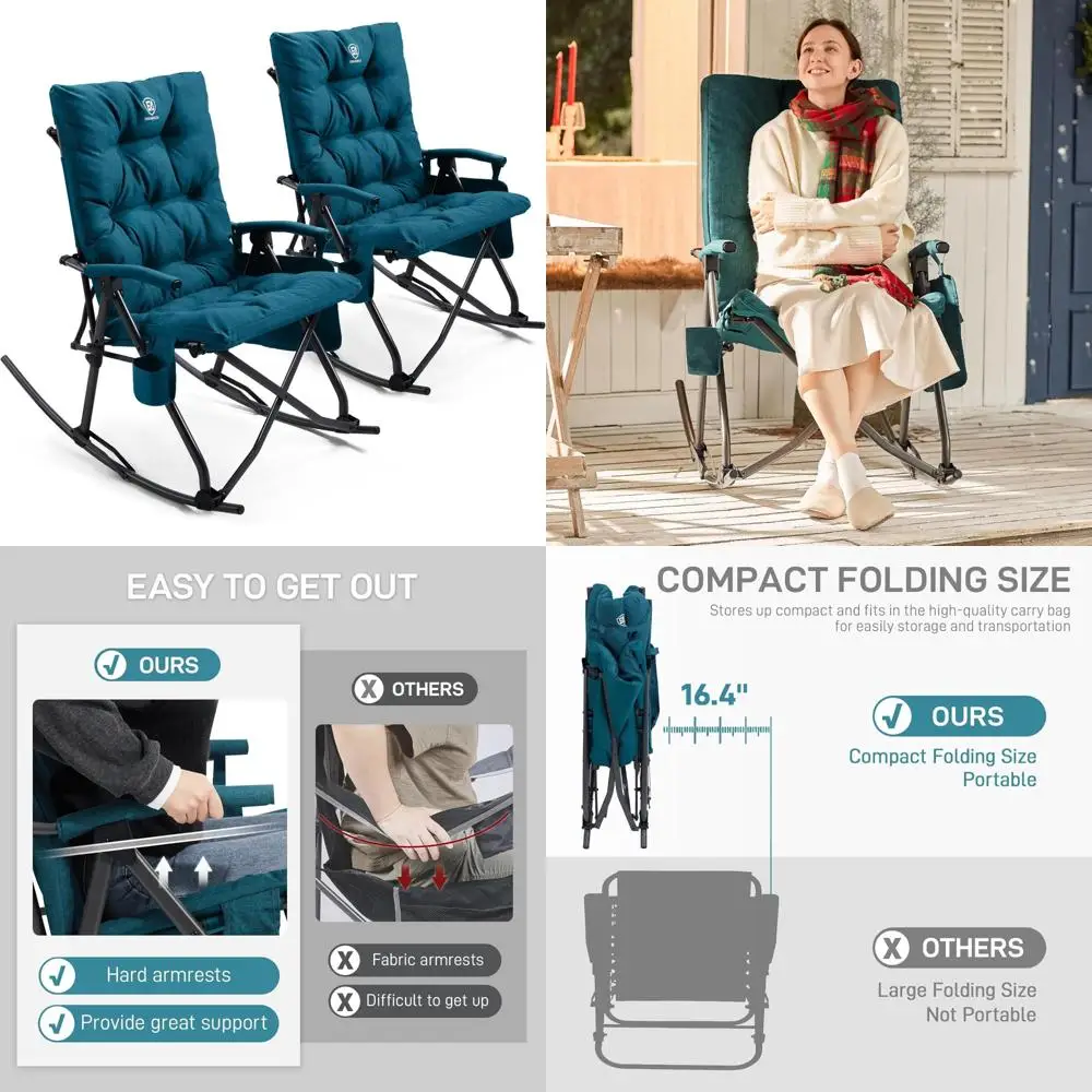 مجموعة كراسي هزاز مبطنة كبيرة الحجم محمولة مكونة من قطعتين للاستخدام في الهواء الطلق والفناء والتخييم، وكراسي هزازة شديدة التحمل قابلة للطي للحديقة