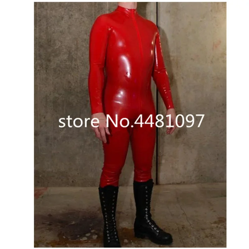 Handmade Man's Latex Rubber Catsuit Red Latex Crotch Back Zipper Tight Skin Bodysuit Cosplay Costumes Plug Size