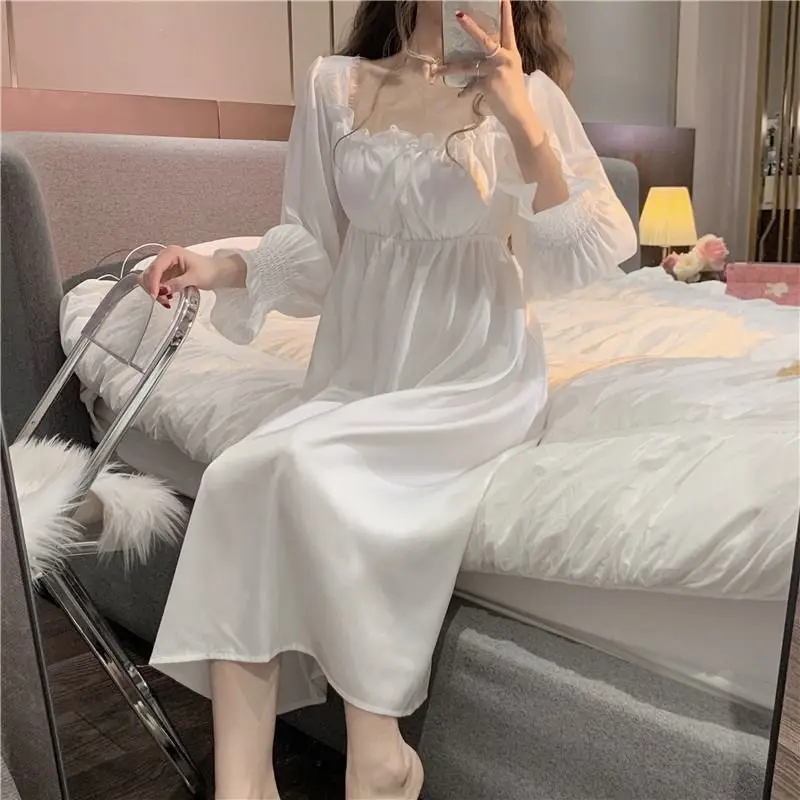 Ruffles Women Nightgown Korean Sleepwear Square Collar Nightwear Solid One Piece Pajamas Autumn Lace Sleeping Night Dress New