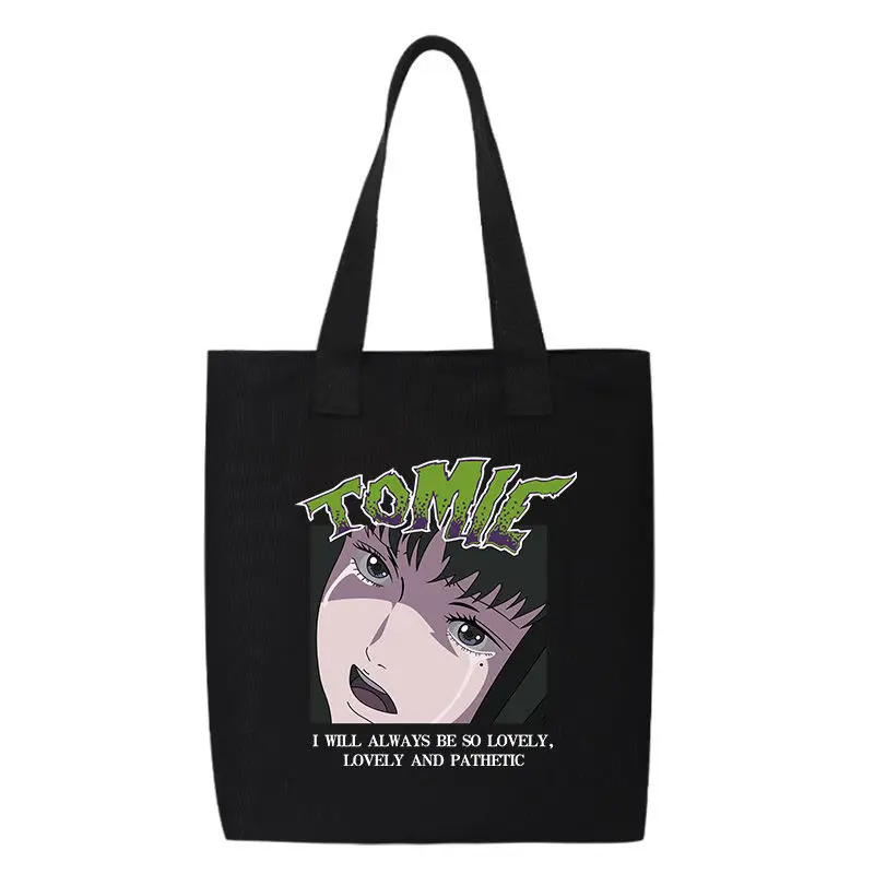 Japanese Anime Junji Ito Tomie Handbag Simple Casual Cosplay Black White Cartoon Printed Open Canvas Tote Bag Toys for Girl Gift