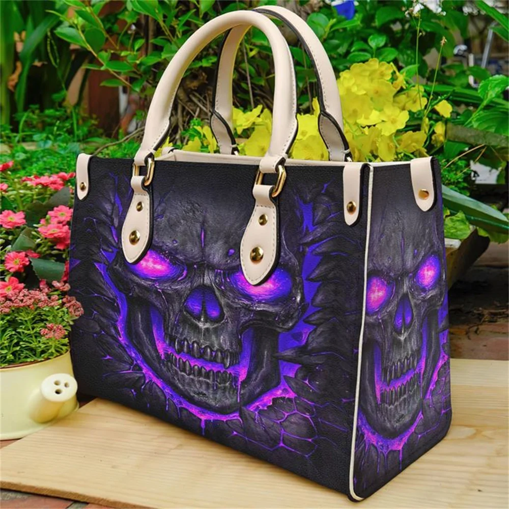 Tas Kulit Tengkorak Ungu Tas Tangan untuk Wanita Fashion Kecil Kasual Tote Mewah Selempang Bahu Bolsa Wanita Top-handle Sac