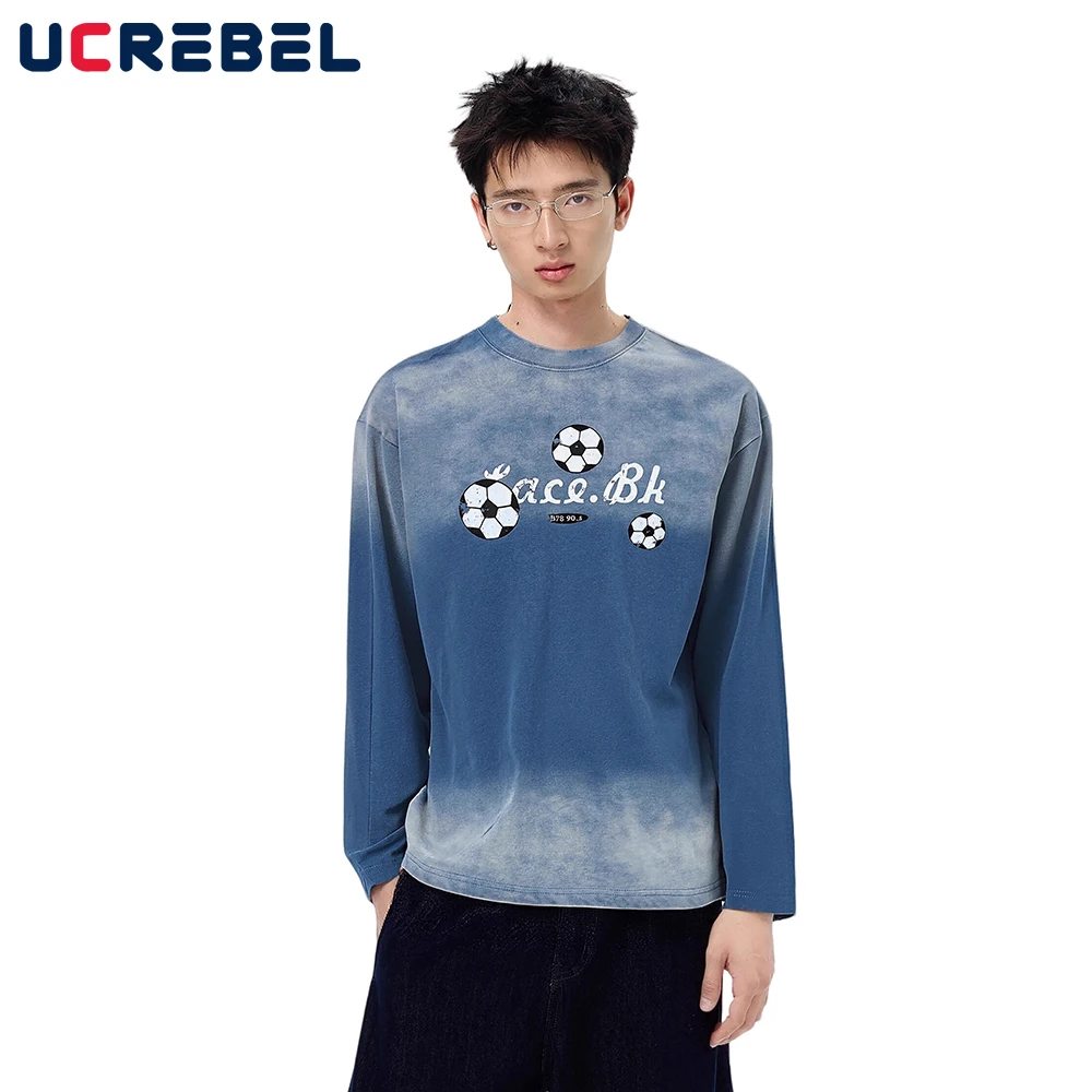 

Gradient Dyed Letter Print T-shirt Mens Autumn High Street Washed Distressed Loose Cotton Crew Neck Tee Man
