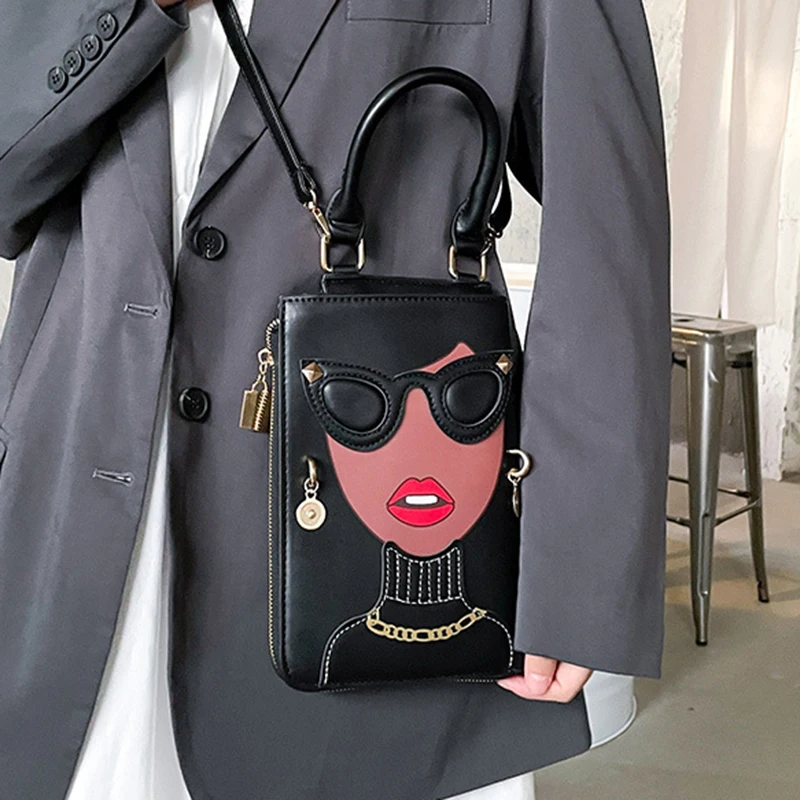 Fashion Women's PU Leather Chest Sling Bag Creative Spoof Fun Sunglasses Beauties Shoulder Bag Crossbody Bag Purses and Handbags