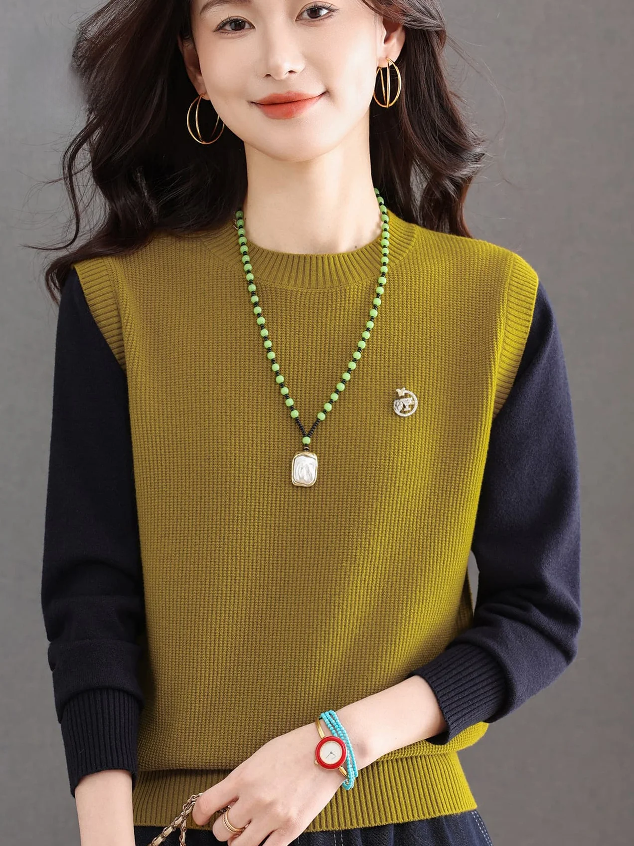 

Faionable Knitted Loose round Ne Pullover Top Women's Spring Autumn Color Blo Base irt Mom's Clothing Middle Age over 40