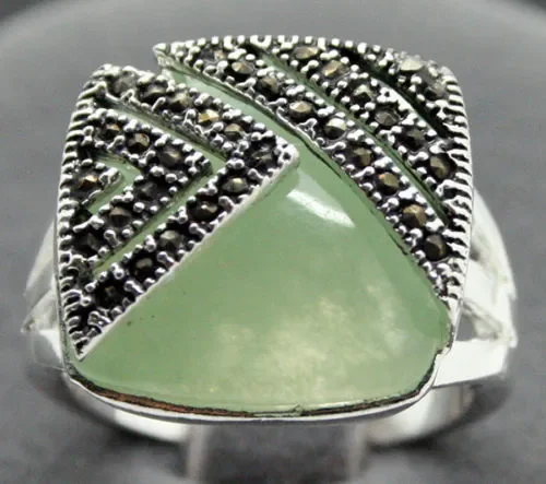 lady's fashion 14*15mm Square Natural Light Green jade Marcasite Ring Size 6/7/8/9