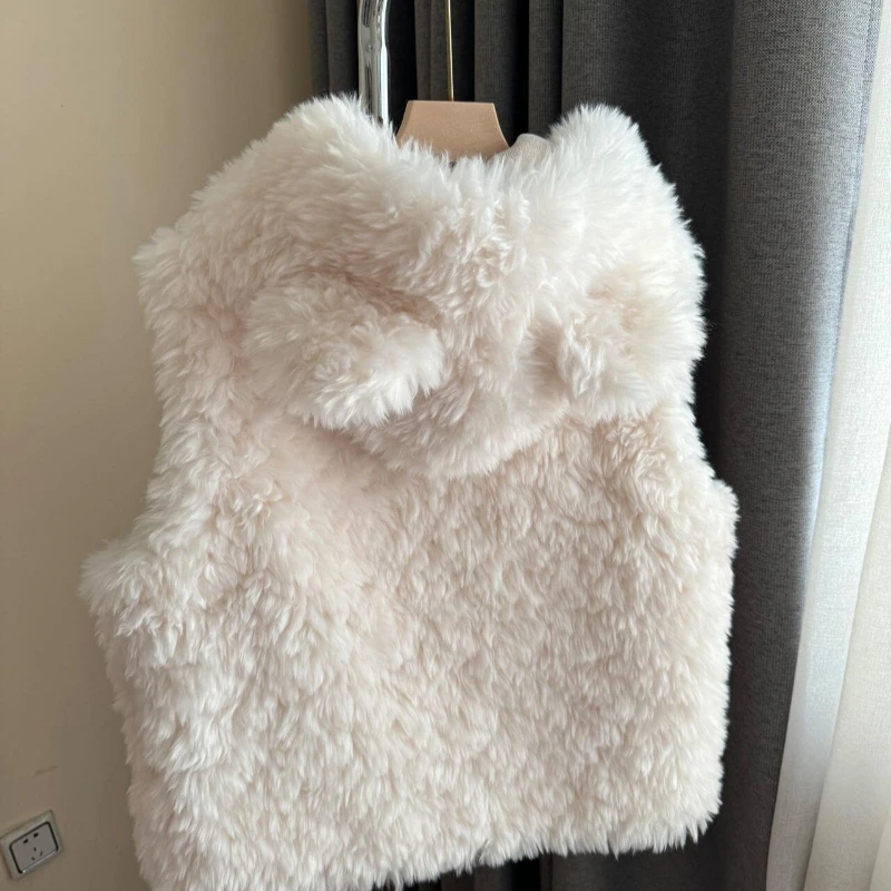 

New Autumn Winter Kawaii Bear Ear Hooded Top Women Design Y2k Faux Lamb Fur Sloid Vest Coat Harajuku Cute Fashion Lovely Outfits