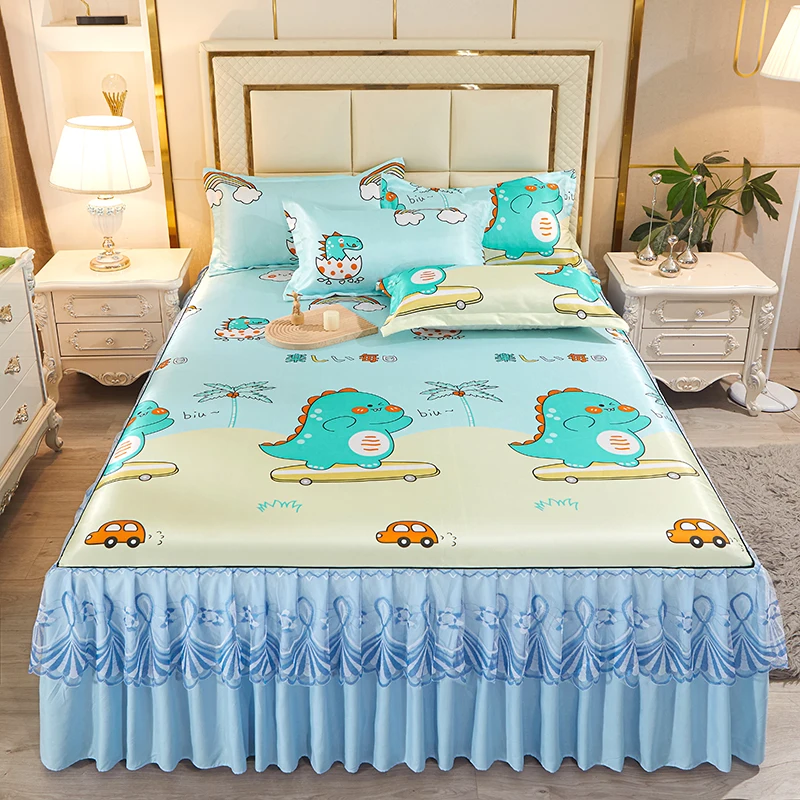 Cartoon Dinosaur Print Bedding Bed Skirt Ice Silk Mat Three-piece Set Summer Cool Mats Washable Soft Bedspread with Elastic Band