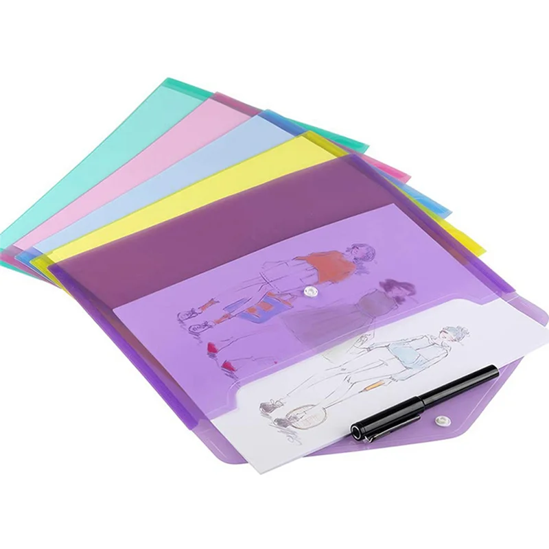 12Piece Multi File Envelope PVC Snap Button File Bag 6 Colors A4 Plastic With Business Card Holder File Bag