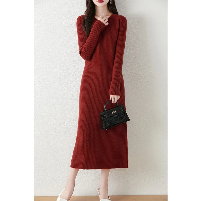 Women Dress 100% Wool Knitted Jumpers 2024 New Fashion Winter O-neck Loose Dresses Female Mid-calf Pullovers