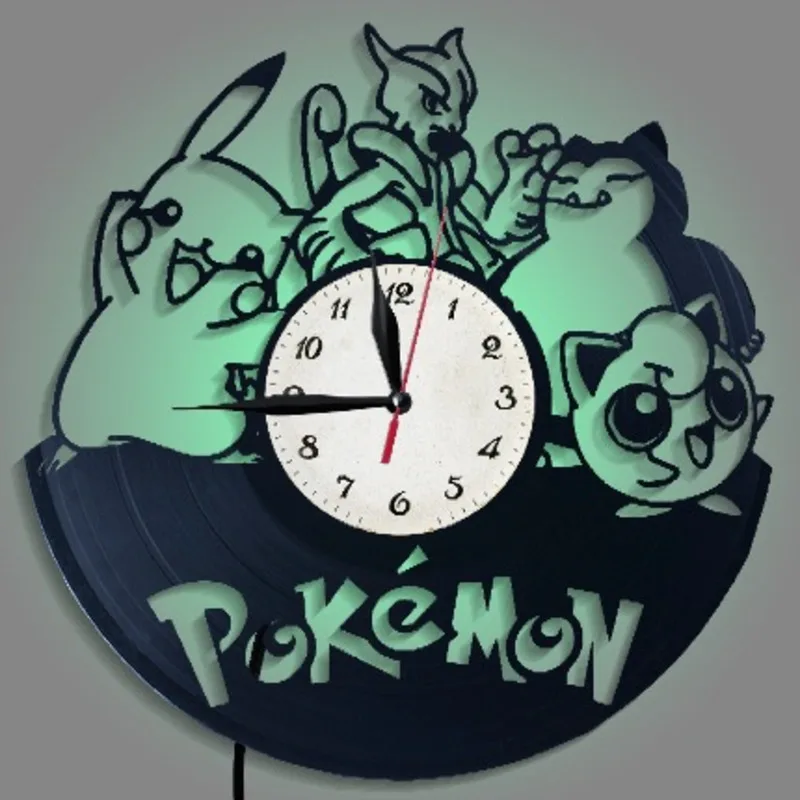 Imagem -04 - Pokémon Anime Relógio de Parede Pikachu Snorlax Mewtwo Jigglypuff Vinil Preto Relógios de Parede Desenhos Animados Criativos Decoração de Casa 30cm