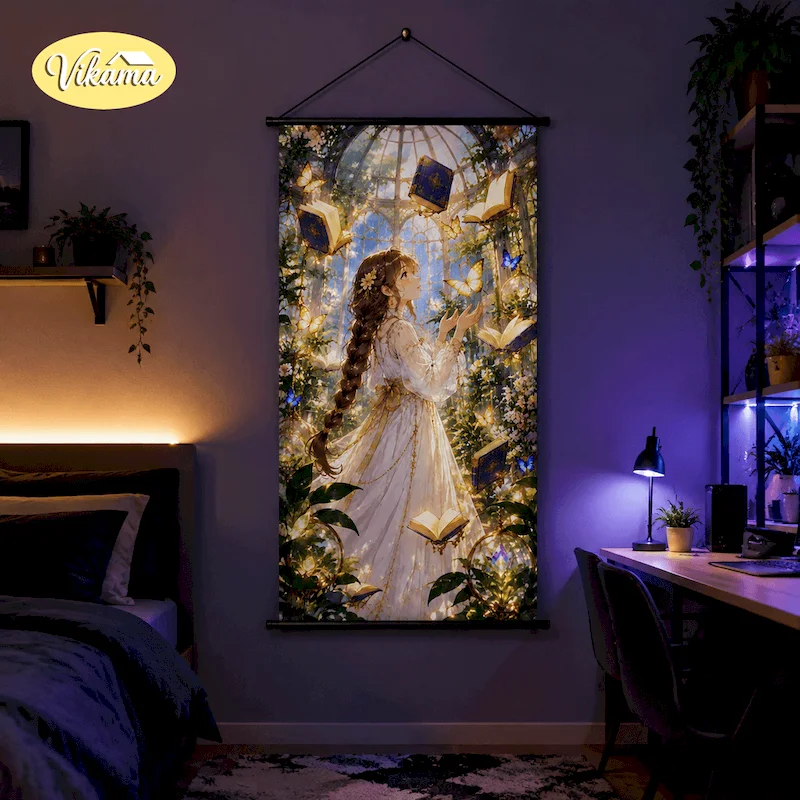 VIKAMA Fantasy Canvas Wall Art Girl Books Butterfly Greenhouse Magic Dreamy Girls Bedroom Dorm Wall Art Decor