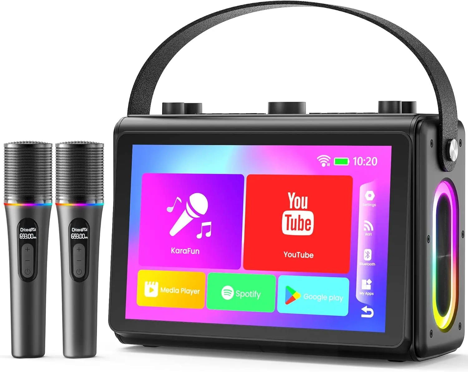 Portable Karaoke Machine with 10.1" HD Screen, WiFi Bluetooth HDMI USB TF Support, Includes 2 Wireless Mics for Home Parties