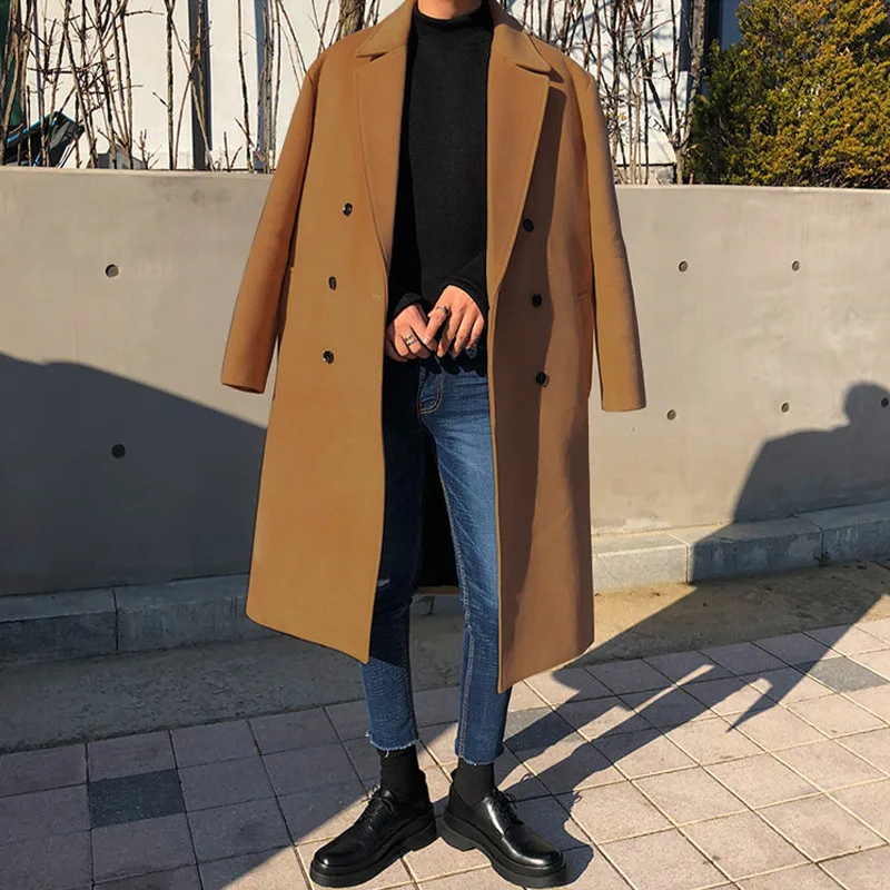 Casual Turn-down Collar Men's Woolen Jackets Outerwear Autumn Winter Mens Fashion Double-breasted Long Coat Men Cardigans
