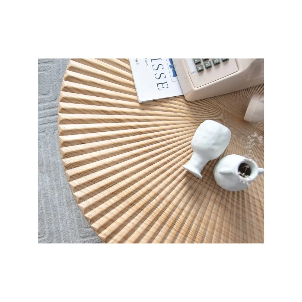 2-Piece Modern Farmhouse Living Room Coffee Table Set, Nesting Table Round Natural Finish with Handcrafted Wood Radial Pattern