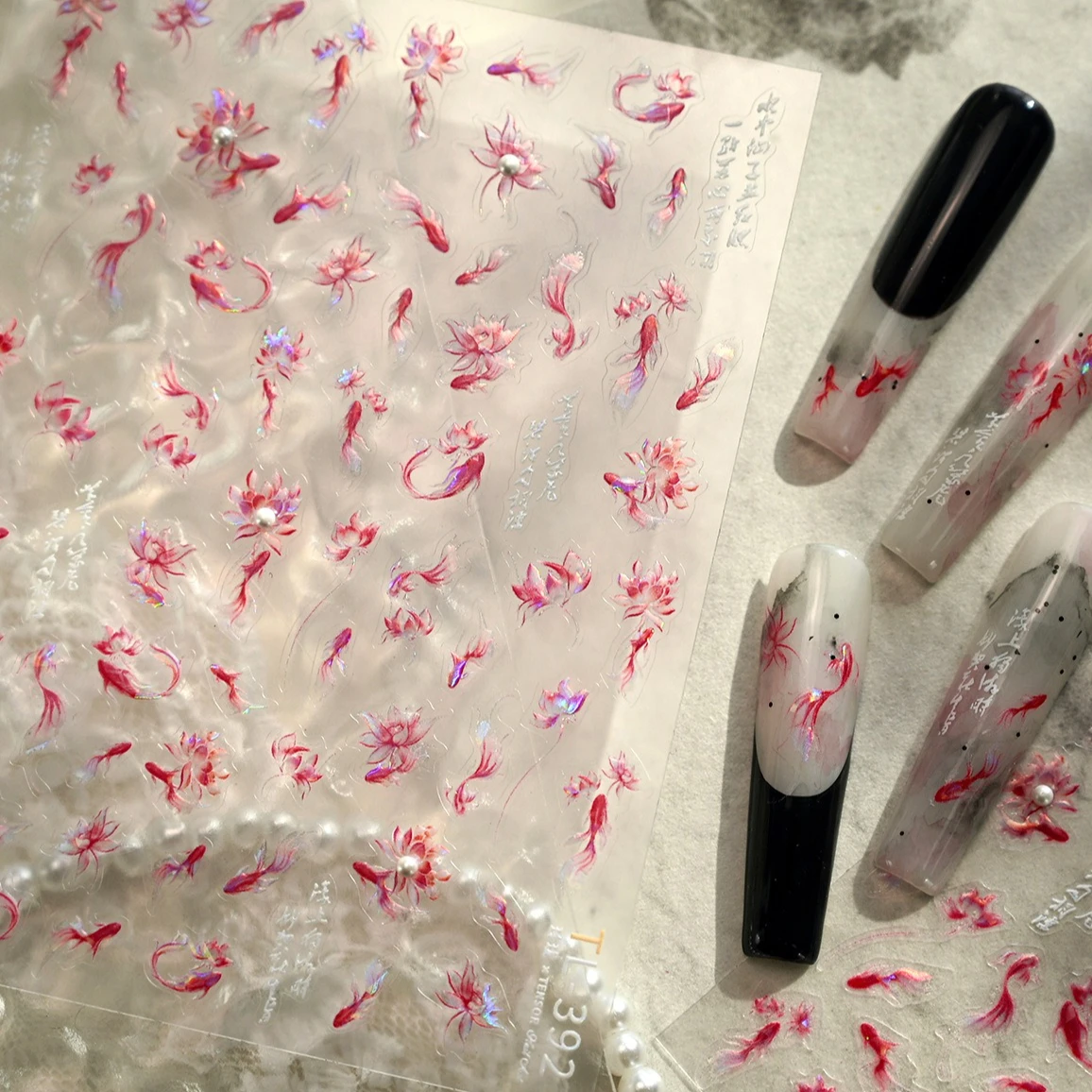 Pesce rosso in stile cinese Koi carpa broccata fiore classico bolle d'acqua caratteri antichi adesivi per nail art fai da te decalcomanie per manicure