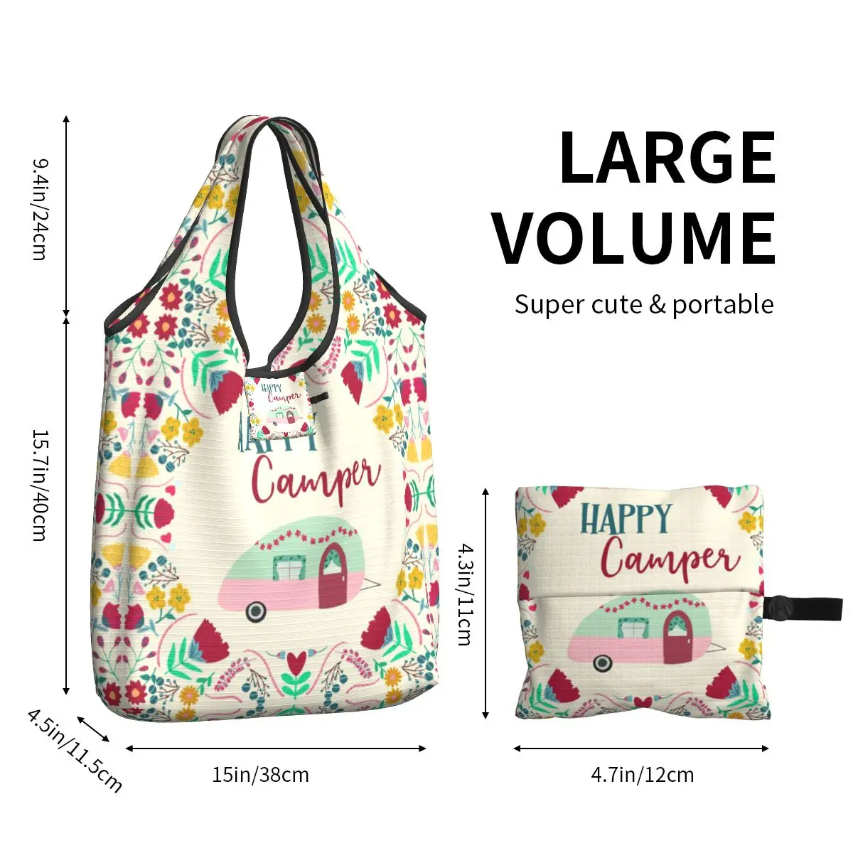 Custom Happy Campers Van Leven Boodschappentas Vrouwen Draagbare Grote Capaciteit Boodschappen Cartoon Rv Camping Shopper Draagtassen