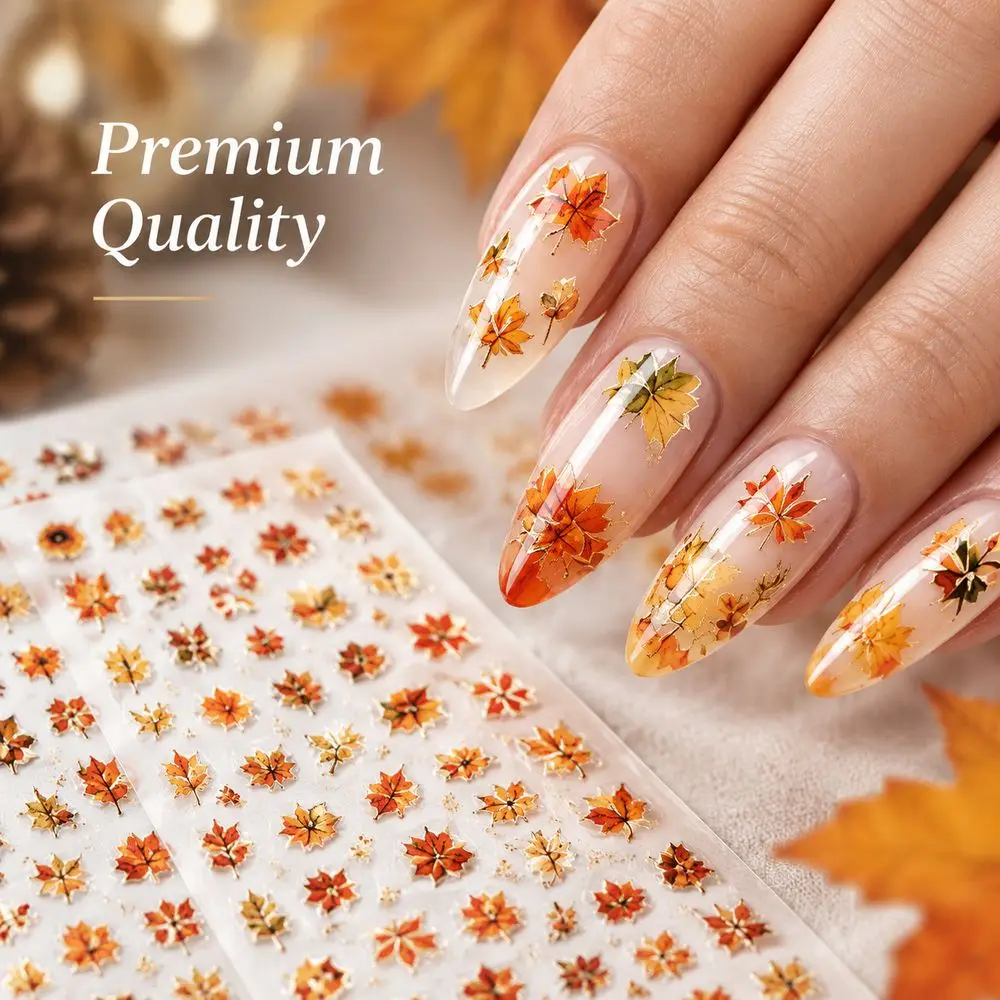 12Pcs Premium Bronzing Nail Sliders Owl Acorn Fall Leaf Metallic Gold Self Adhesive Stickers Manicure Sliders Decoration Kit