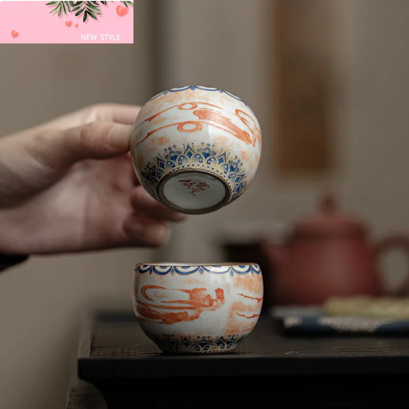 

2 шт./лот, керамическая чайная чашка Dunhuang Apsaras, имитация песен Ru Kiln Master Cup, маленькая круглая чаша для чая, чашка для медитации, чайный набор кунг-фу, 50 мл