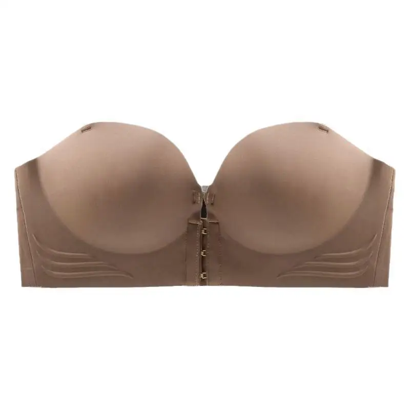 Lingerie à boutons sur le devant pour femme, sans bretelles, antidérapante, sans bretelles, froncée, sans trace et antireflet