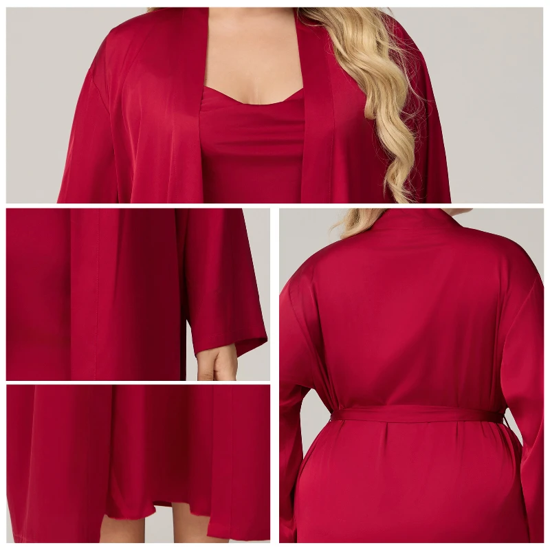 Krismile Pink Plus Size Robe Sets for Women 2025 Spring Autumn Luxury Satin Swing Collar Nightdress Long Sleeve Robe with Belt