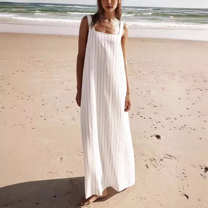 

2024 Summer Fashion Vacation Women's Dress Basic Striped Square Neck Sleeveless Suspended Pants Elegant Beach Robe High Quality