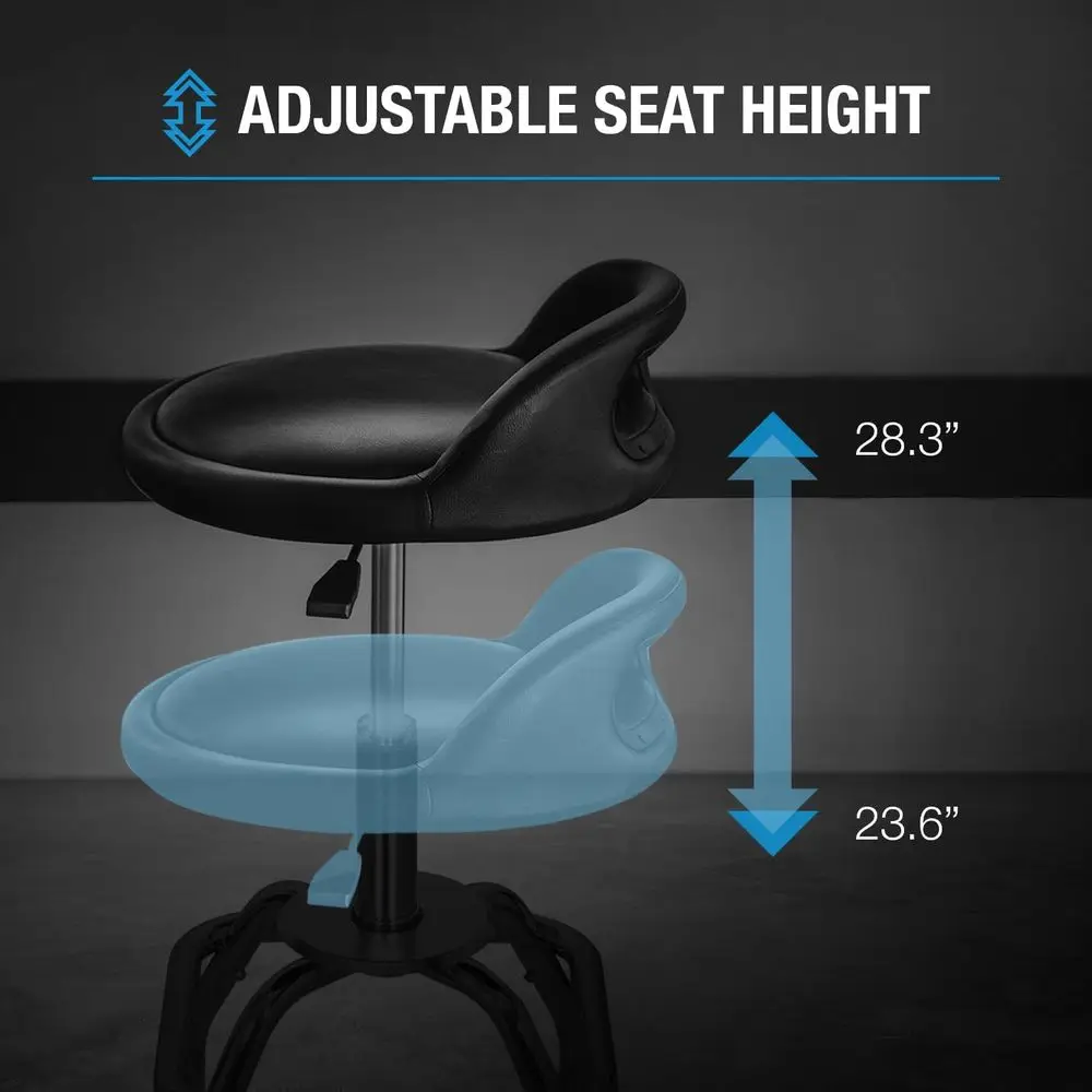 Adjustable Swivel Workshop Stool with Backrest, Padded Seat, Lumbar Support, and Footrest, 22-28 Height
