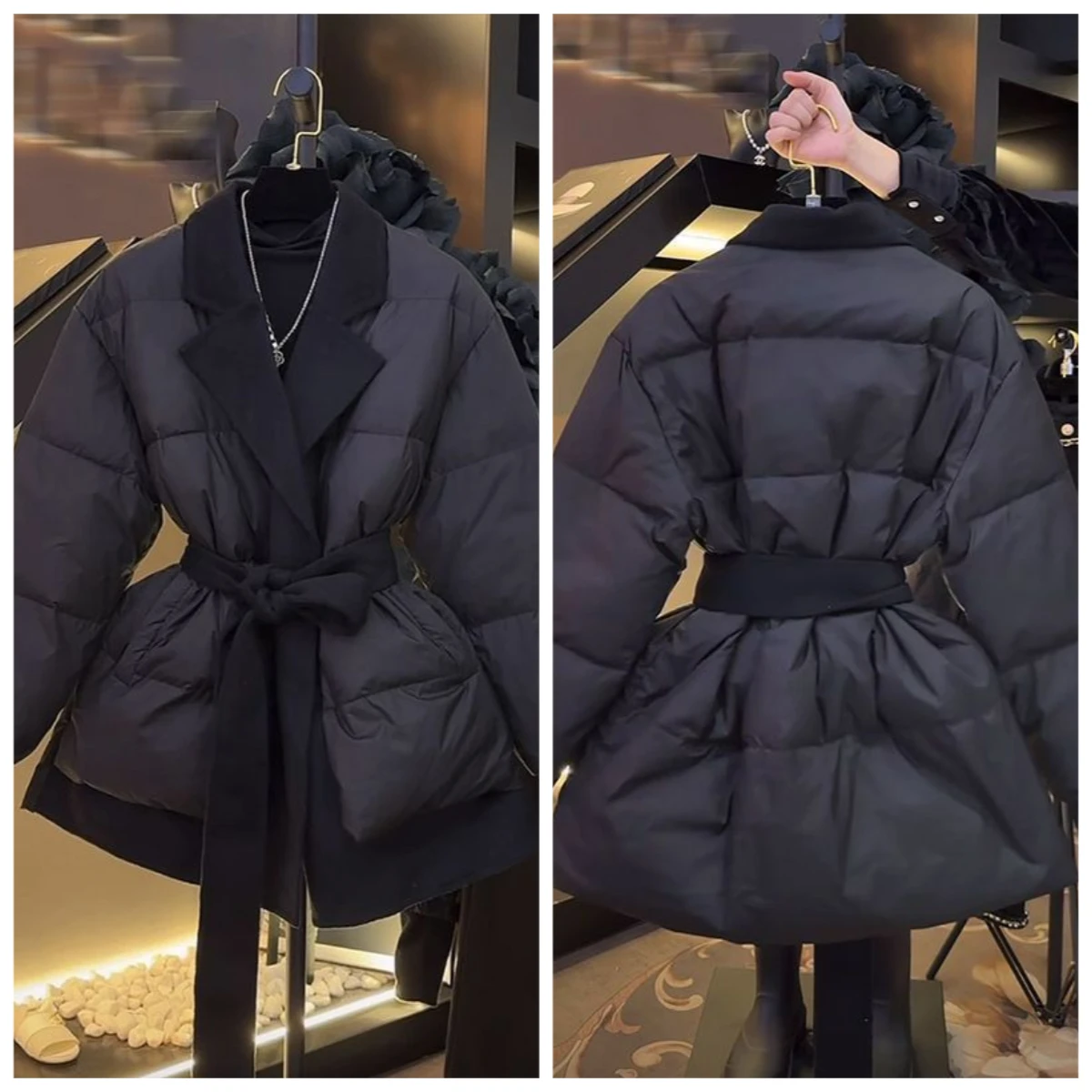 La Popular chaqueta acolchada europea, sensación de alta gama, cintura súper atractiva, pequeña fragancia y ropa de algodón negro para mujer, invierno.