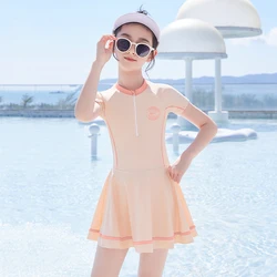 Solid Girls Swimsuit With Shorts Kids Swimwear Short Sleeve Children Two-Piece Suits Bathing Suits For Teen Girls Swimming