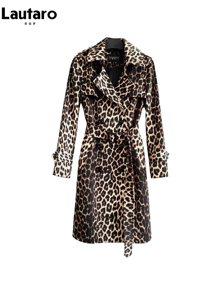 Lautaro Spring Autumn Long Stylish Leopard Print Trench Coat for Women Belt Double Breasted Casual Luxury Designer Clothes 2023