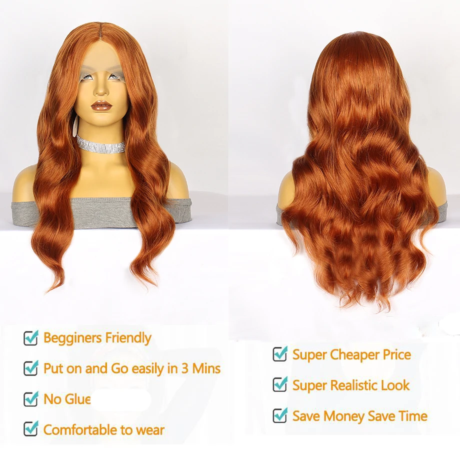 Gember Oranje Kant Front Pruik Lange Body Wave Lace Frontale Pruik Pre Geplukt Synthetische Kant Pruiken Voor Vrouwen Hoge Temperatuur Vezel